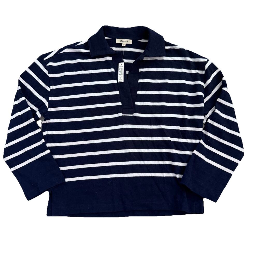 New MADEWELL Navy White Rugby Stripe Sweater Top XS Preppy Boxy Oversized NWT